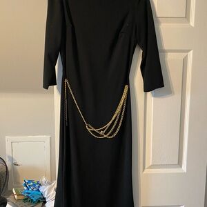 Classic Black Midi Dress with Gold Chain Detail